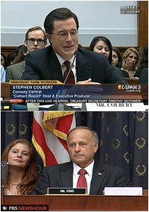 In unrelated news: Stephen Colbert testified before Congress in 2010 to try and help push along immigration reform. It was great TV and most of the legislators enjoyed Colbert's schtick. GOP Rep. Steve King of Iowa was one of those who didn’t like Colbert’s performance. (Screen shots from C-Span and PBS)