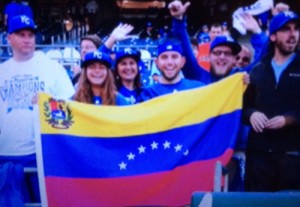 Venezuelan fans in kauffman Stadium cheering on their hero and fellow Venezuelan, Salvador Perez.