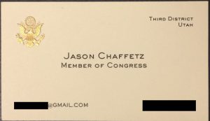 Jason Chavvetz’s Congressional business card, with his Gmail email address listed. (Twitter)