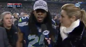 A YouTube screen shot of the moment when Richard Sherman went off on Michael Crabtree when Fox Sports sportscaster Erin Andrews tried to interview him after his game-winning play.