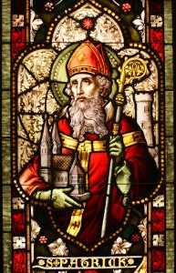 Saint Patrick stained glass window from Cathedral of Christ the Light, Oakland, CA. (Photo via Wikipedia)