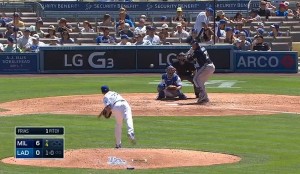 Catcher Jonathan Lucroy about to ding the Dodgers for a solo home run to cap off a sweep of the Dodgers in Chavez Ravine. The final game of the series was a 7-2 rout. (YouTube)