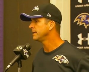 Ravens Head Coach John Harbaugh at the press conference in which he discussed Ray Rices’s dismissal from the team. (YouTube)