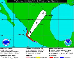 National Hurricane Center graphic of Hurricane Patricia and projected path.