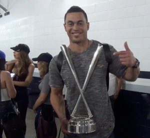 Giancarlo Stanton with his Home Run Derby Trophy. (Claudia Gestro)